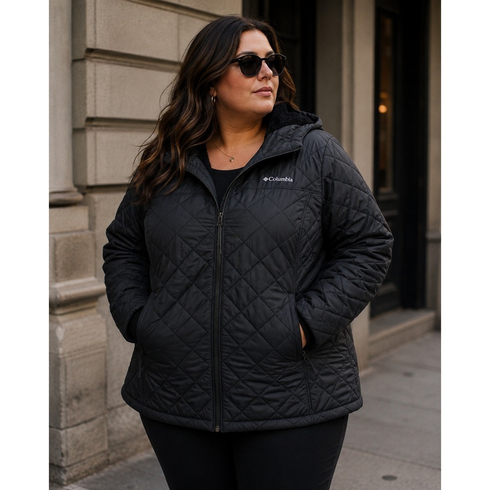 Columbia Jacket Women 2X Black Quilted Hooded Fleece Lined WW1986